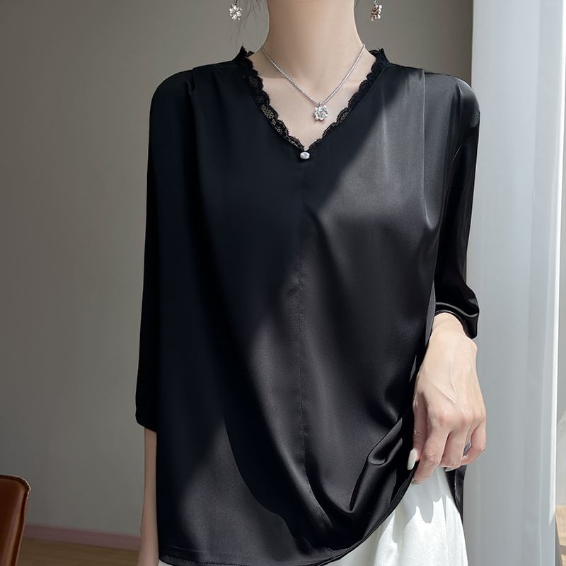Satin V-Neck Lace-Trim Blouse with Three-Quarter Sleeves