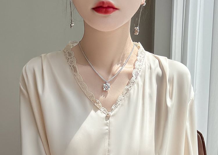 Satin V-Neck Lace-Trim Blouse with Three-Quarter Sleeves