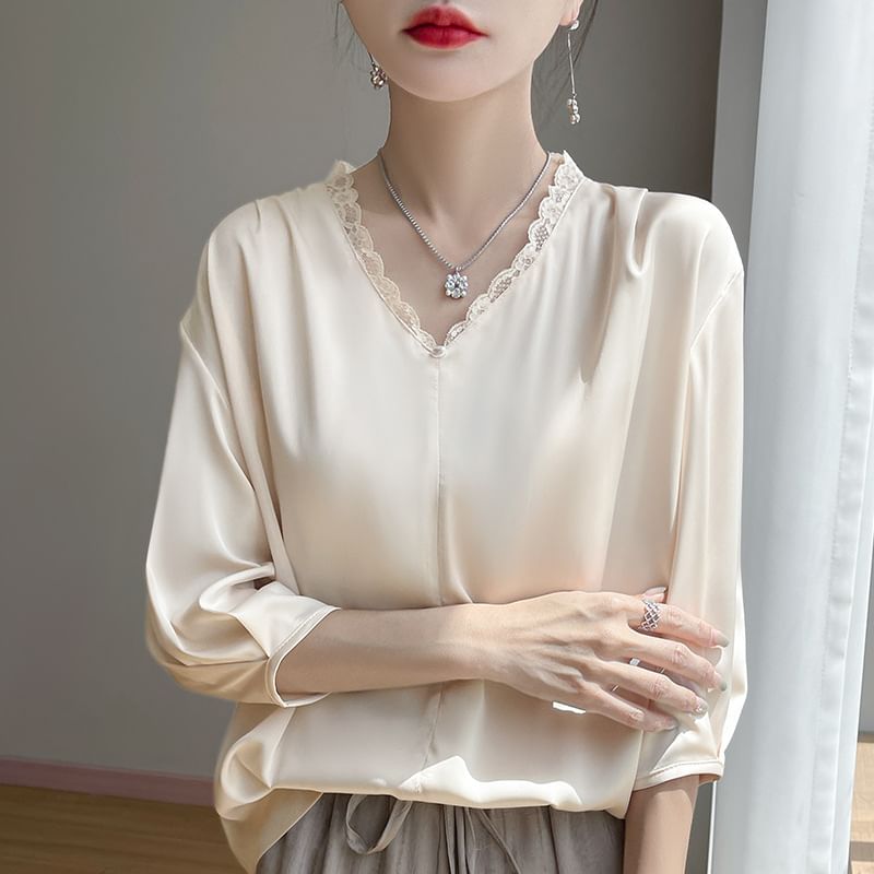 Satin V-Neck Lace-Trim Blouse with Three-Quarter Sleeves