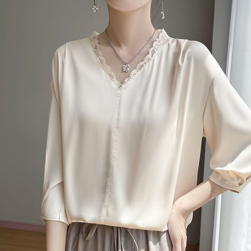 Satin V-Neck Lace-Trim Blouse with Three-Quarter Sleeves