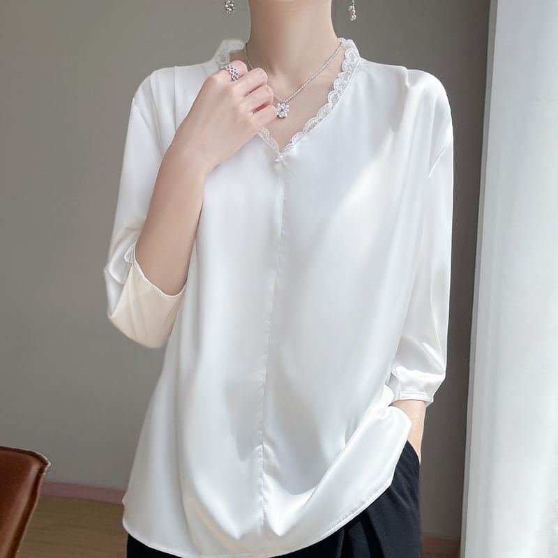 Satin V-Neck Lace-Trim Blouse with Three-Quarter Sleeves