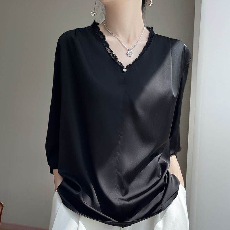 Satin V-Neck Lace-Trim Blouse with Three-Quarter Sleeves