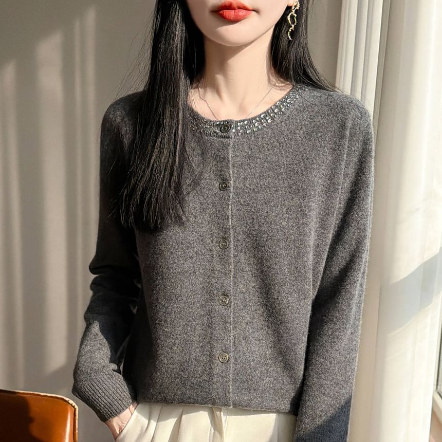 Rhinestone Trim Button-Up Cardigan