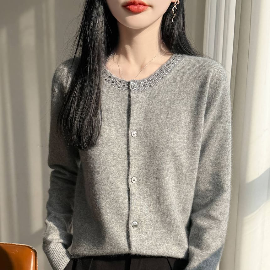 Rhinestone Trim Button-Up Cardigan