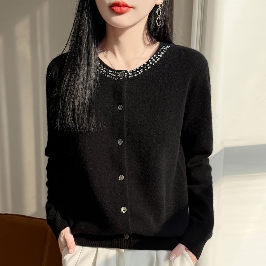 Rhinestone Trim Button-Up Cardigan