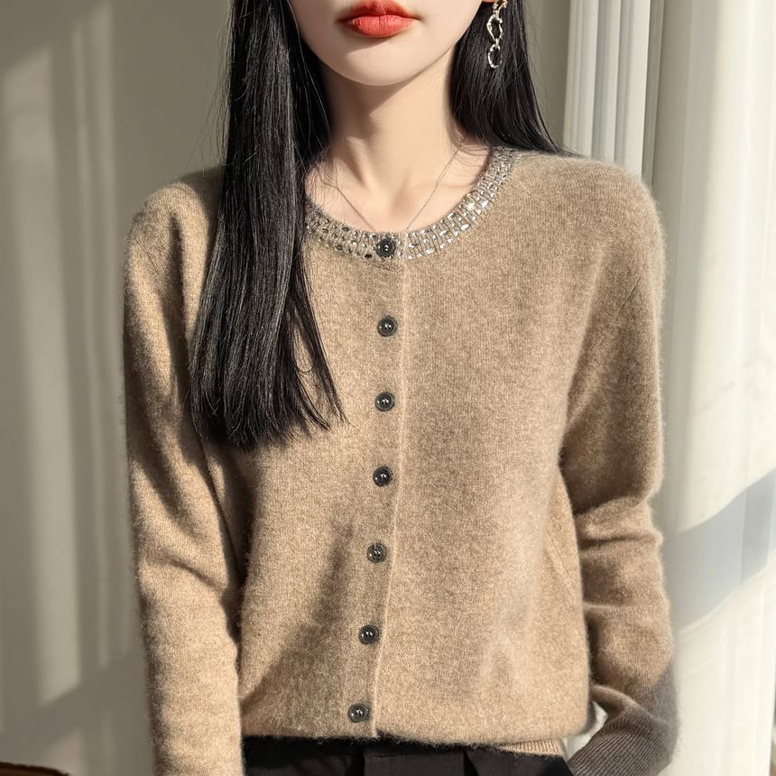 Rhinestone Trim Button-Up Cardigan