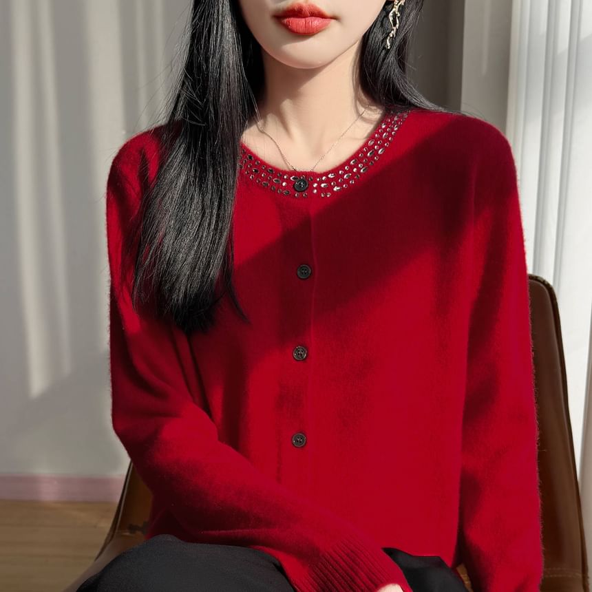 Rhinestone Trim Button-Up Cardigan