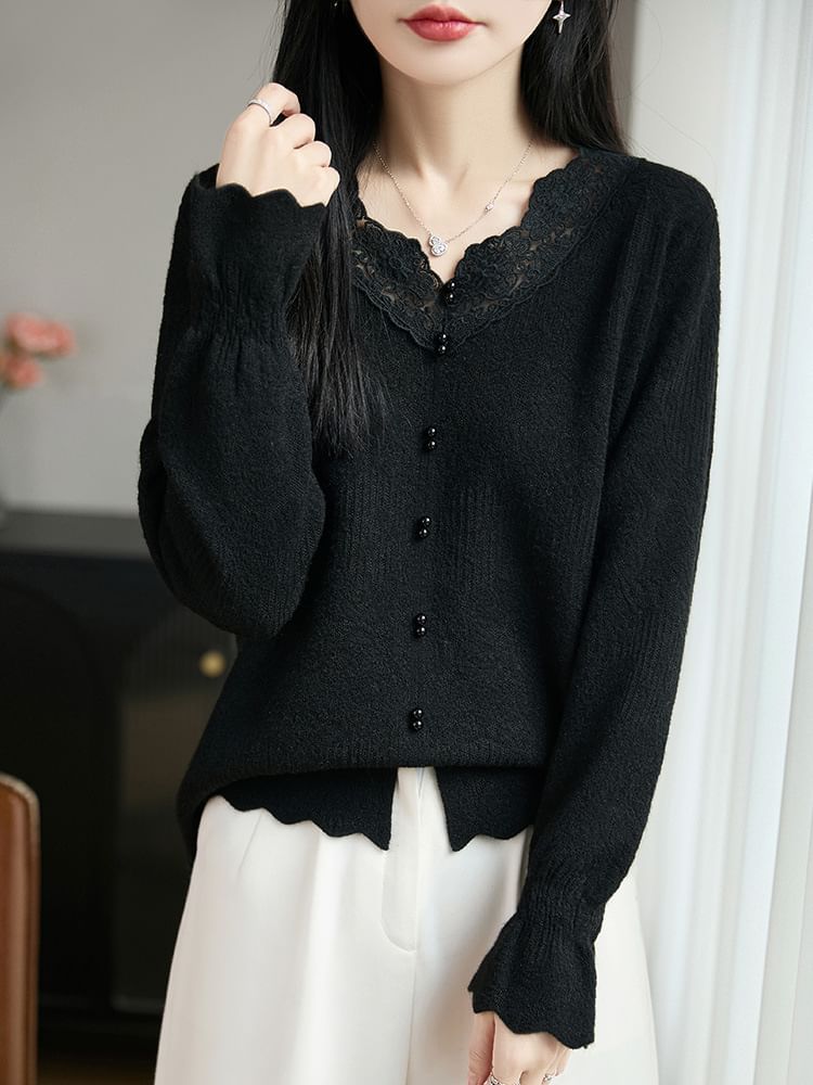 Lace Trim Faux Pearl Button-Up Cardigan