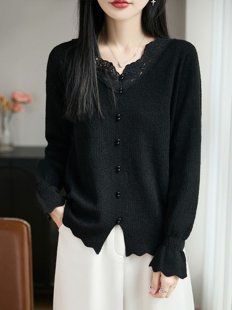 Lace Trim Faux Pearl Button-Up Cardigan
