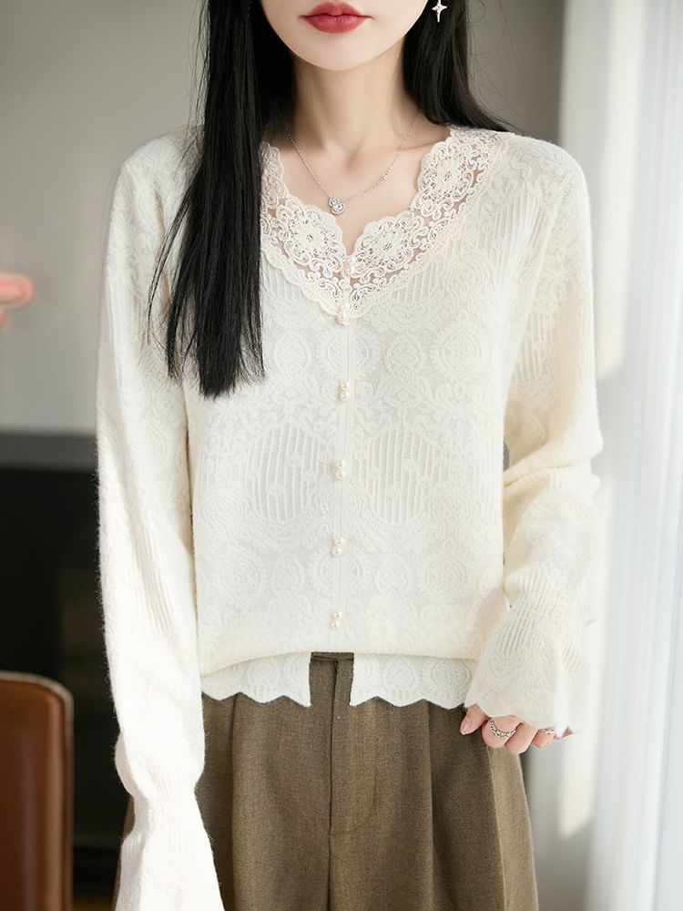Lace Trim Faux Pearl Button-Up Cardigan