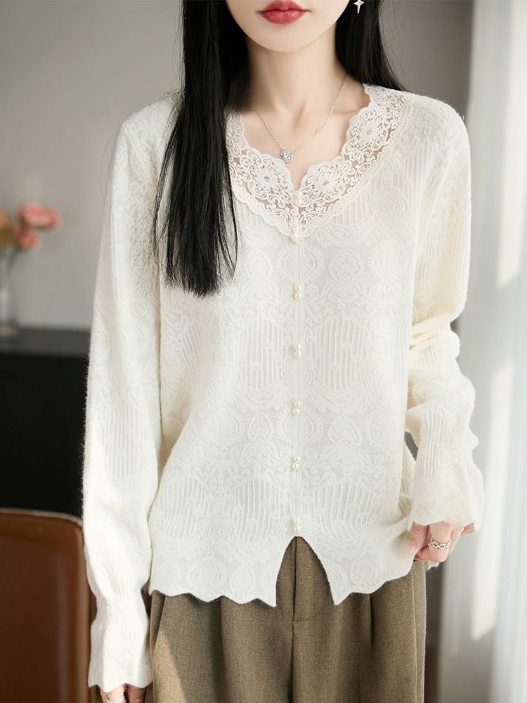 Lace Trim Faux Pearl Button-Up Cardigan