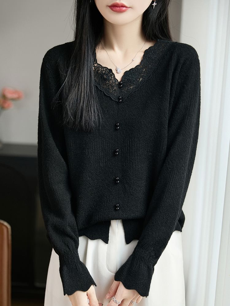 Lace Trim Faux Pearl Button-Up Cardigan
