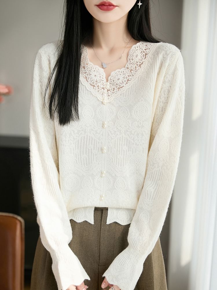 Lace Trim Faux Pearl Button-Up Cardigan