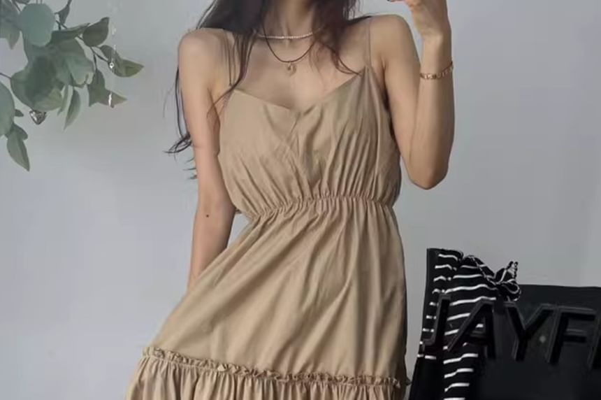 Spaghetti Strap Plain Shirred Midi A-Line Tiered Dress