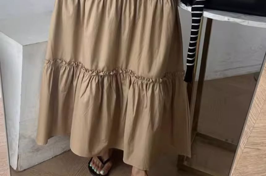 Spaghetti Strap Plain Shirred Midi A-Line Tiered Dress