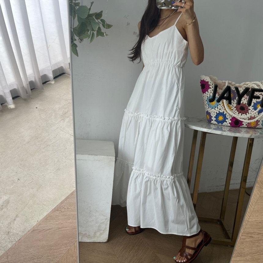 Spaghetti Strap Plain Shirred Midi A-Line Tiered Dress