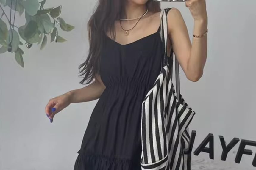 Spaghetti Strap Plain Shirred Midi A-Line Tiered Dress
