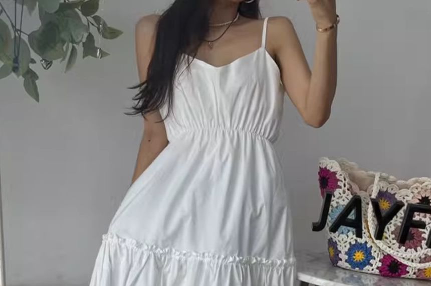 Spaghetti Strap Plain Shirred Midi A-Line Tiered Dress