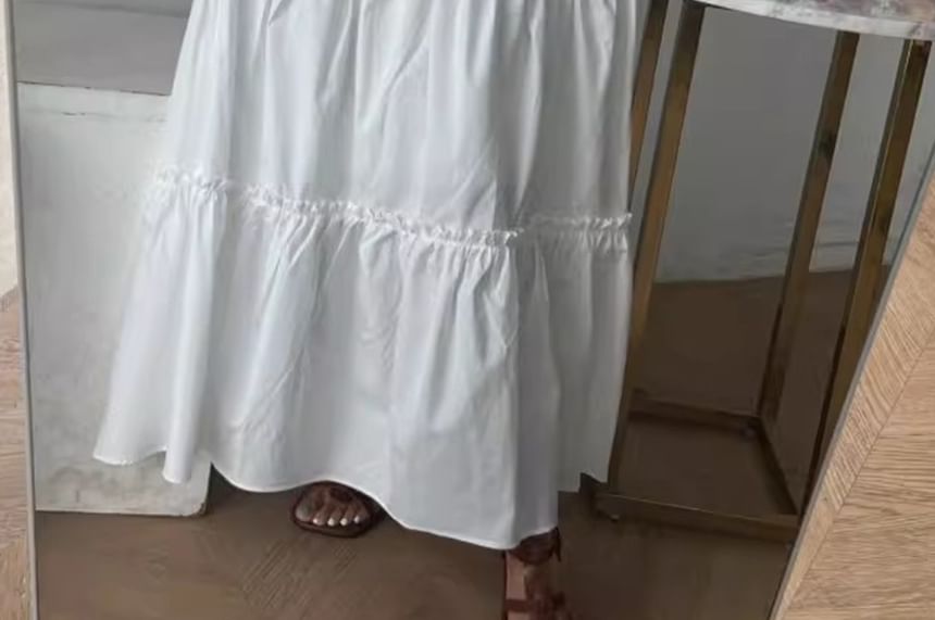 Spaghetti Strap Plain Shirred Midi A-Line Tiered Dress