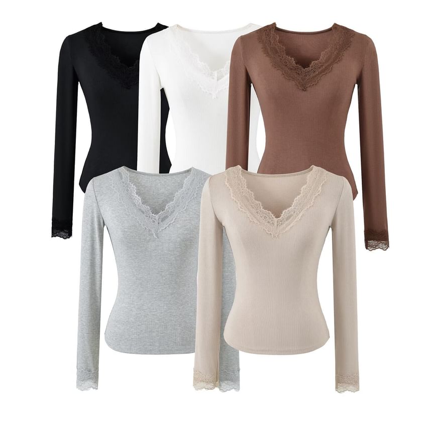 Ribbed V-Neck Lace Top with Long Sleeves