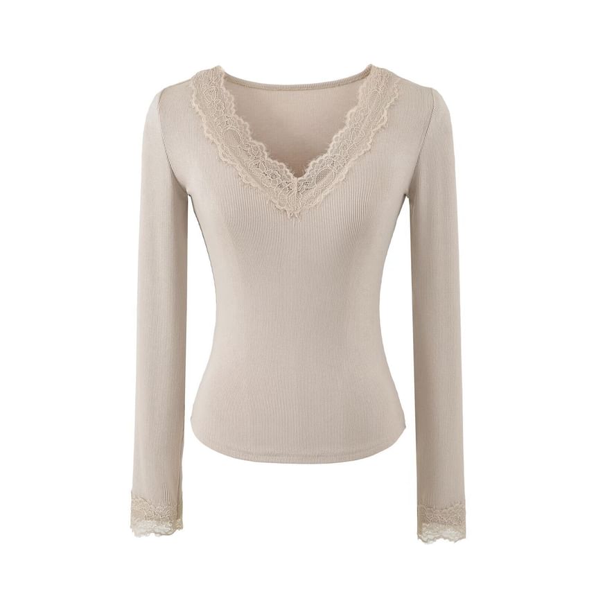 Ribbed V-Neck Lace Top with Long Sleeves