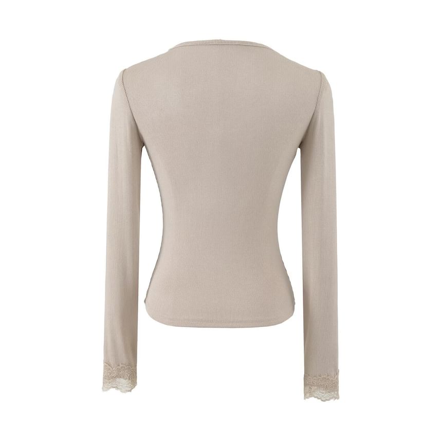 Ribbed V-Neck Lace Top with Long Sleeves