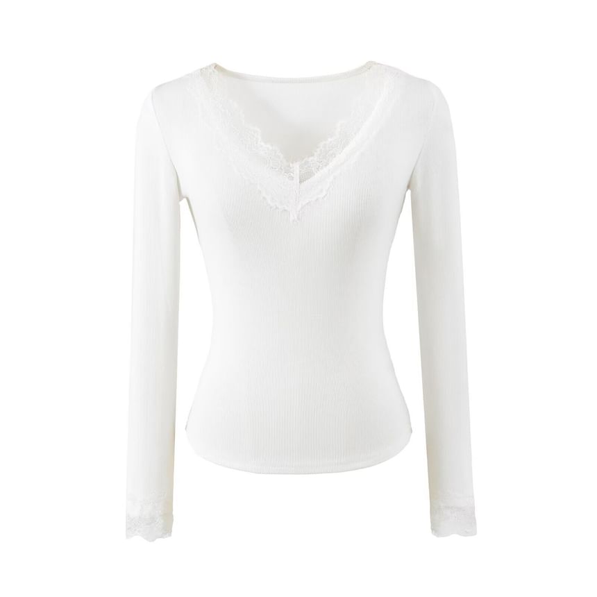 Ribbed V-Neck Lace Top with Long Sleeves