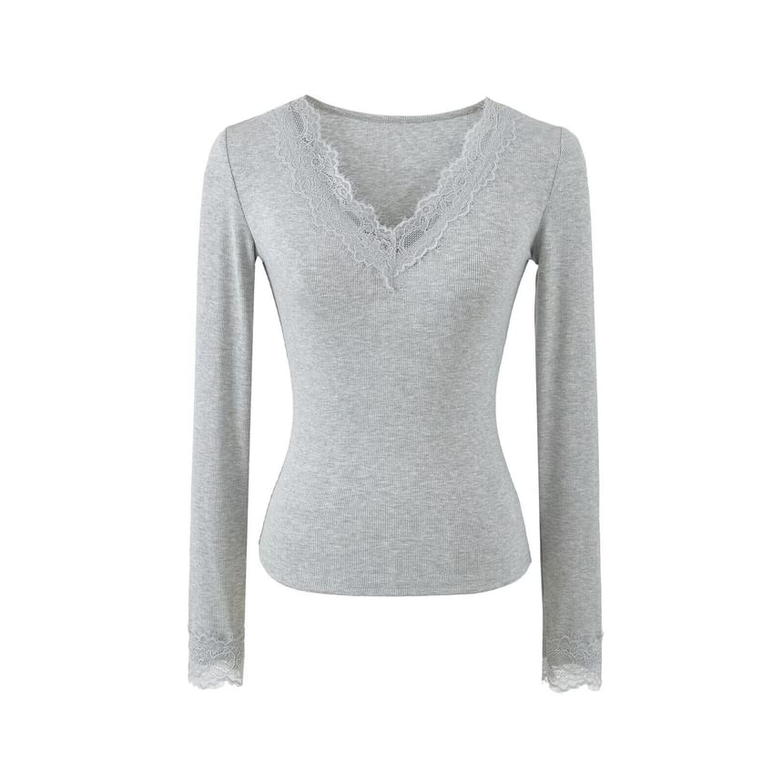 Ribbed V-Neck Lace Top with Long Sleeves