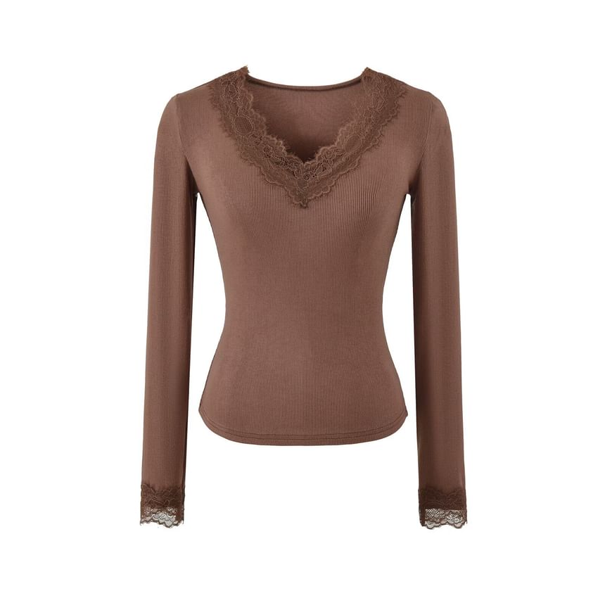 Ribbed V-Neck Lace Top with Long Sleeves