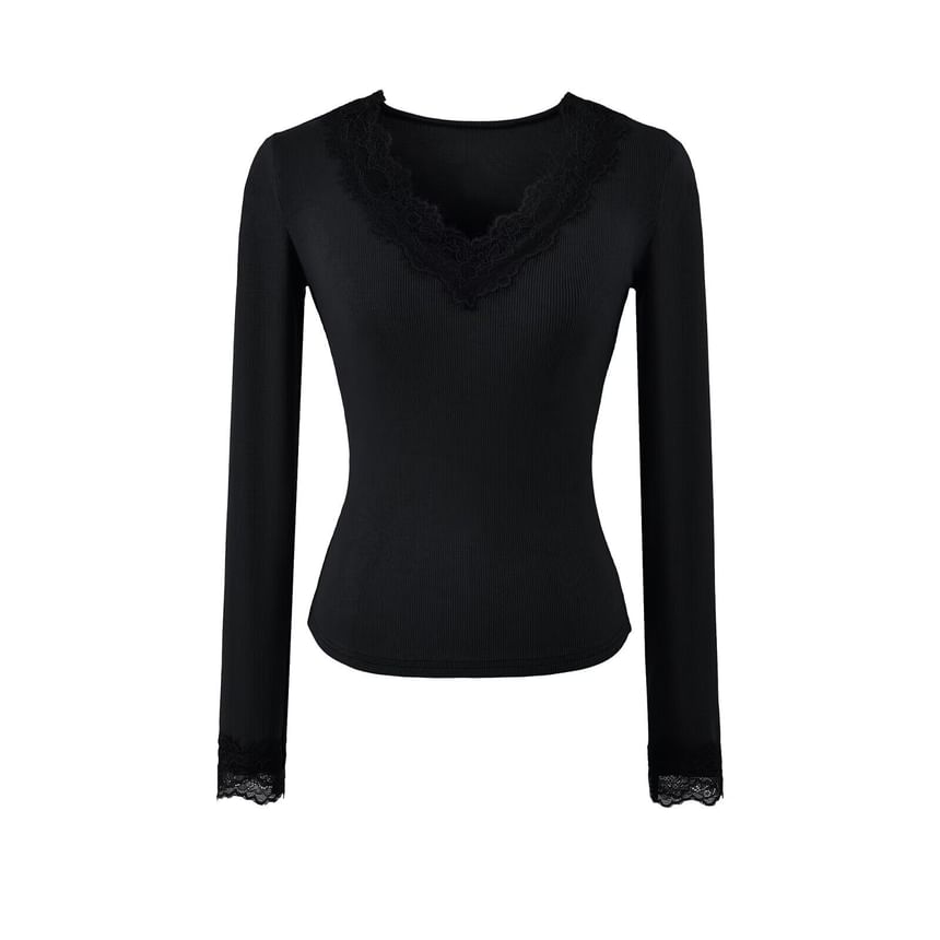 Ribbed V-Neck Lace Top with Long Sleeves