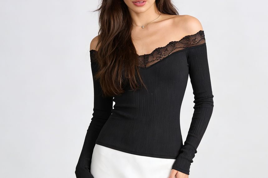 Ribbed Off-Shoulder Lace Top with Long Sleeves