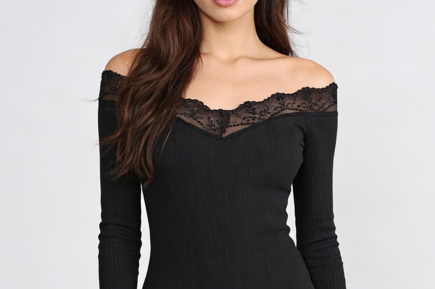 Ribbed Off-Shoulder Lace Top with Long Sleeves