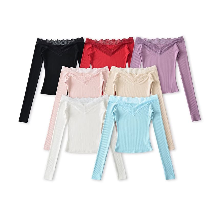 Ribbed Off-Shoulder Lace Top with Long Sleeves
