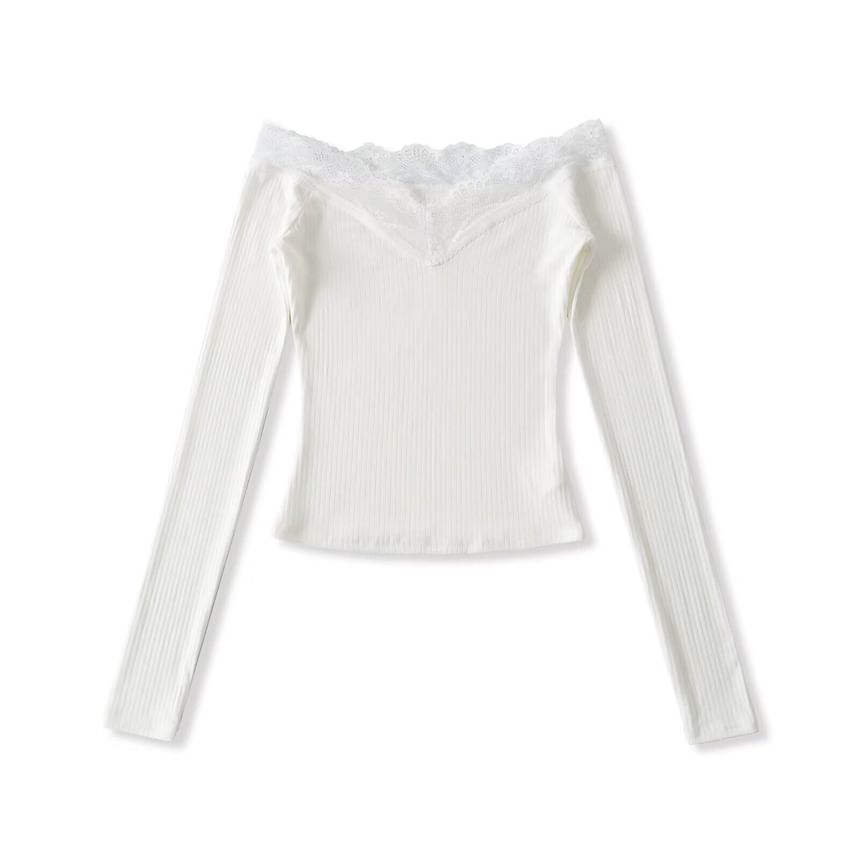 Ribbed Off-Shoulder Lace Top with Long Sleeves