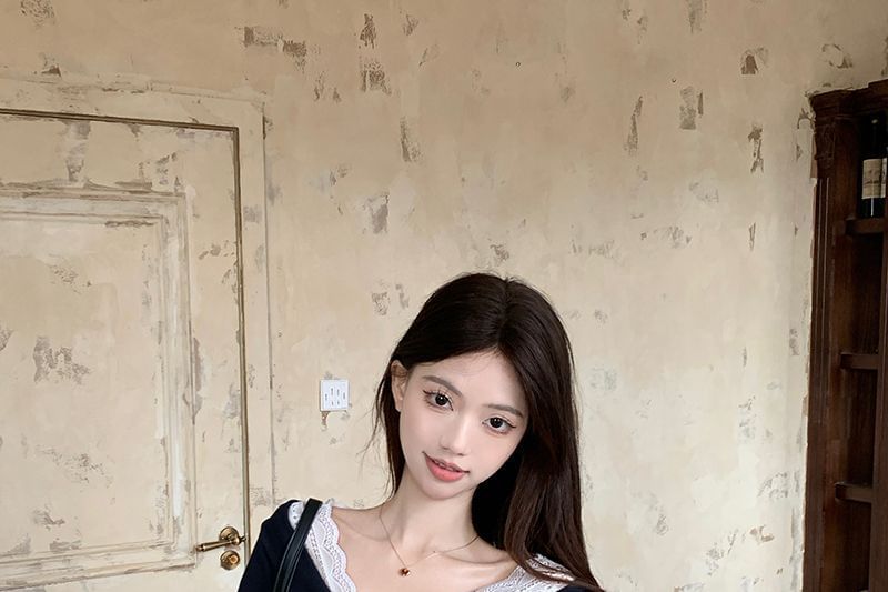 V-Neck Lace-Trim Tie-Front T-Shirt with Short Sleeves
