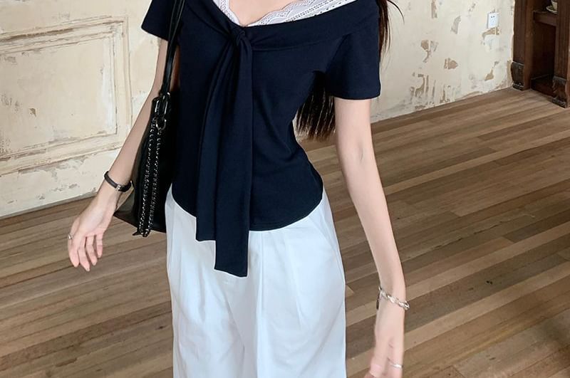 V-Neck Lace-Trim Tie-Front T-Shirt with Short Sleeves