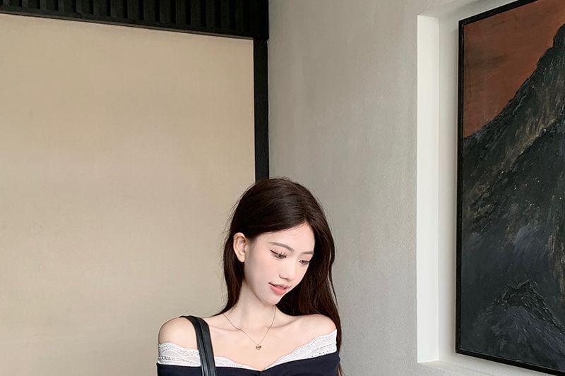 V-Neck Lace-Trim Tie-Front T-Shirt with Short Sleeves