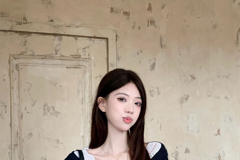 V-Neck Lace-Trim Tie-Front T-Shirt with Short Sleeves
