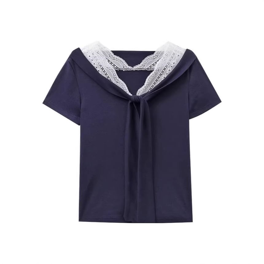 V-Neck Lace-Trim Tie-Front T-Shirt with Short Sleeves