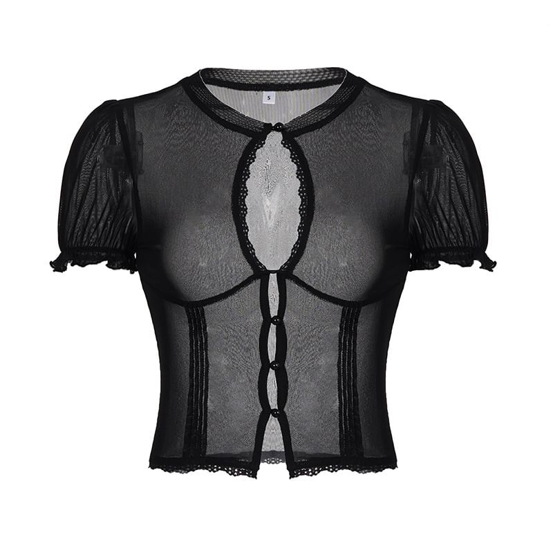 Sheer Keyhole Lace Panel Crop Blouse with Short Sleeves