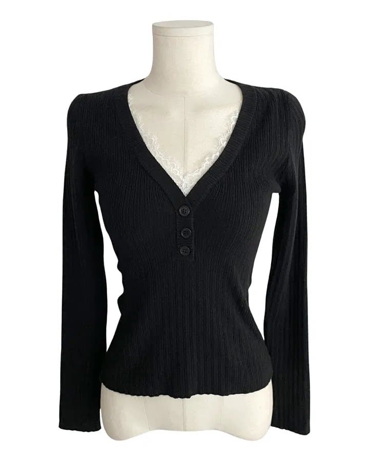 Lace Panel V-Neck Knit Top with Long Sleeves