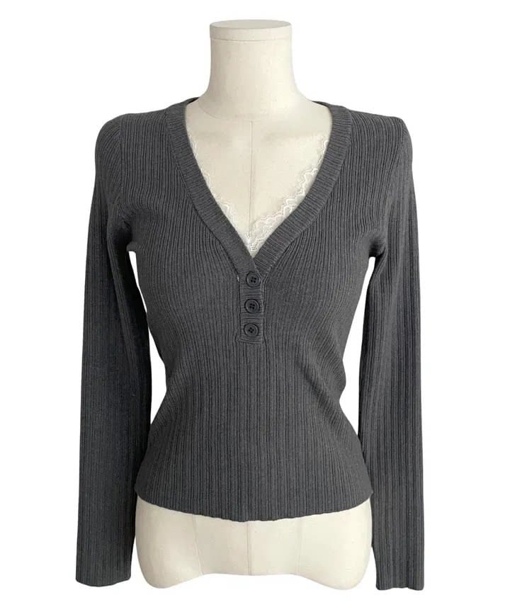Lace Panel V-Neck Knit Top with Long Sleeves