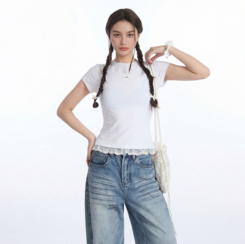 Short-Sleeved Crew Neck Lace Panel Tee