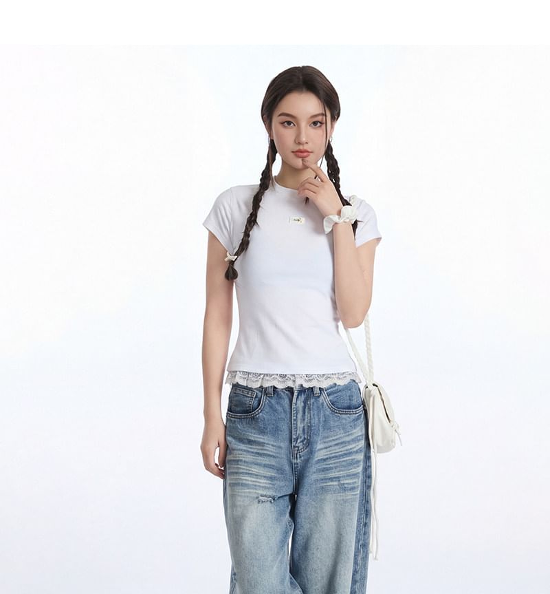 Short-Sleeved Crew Neck Lace Panel Tee