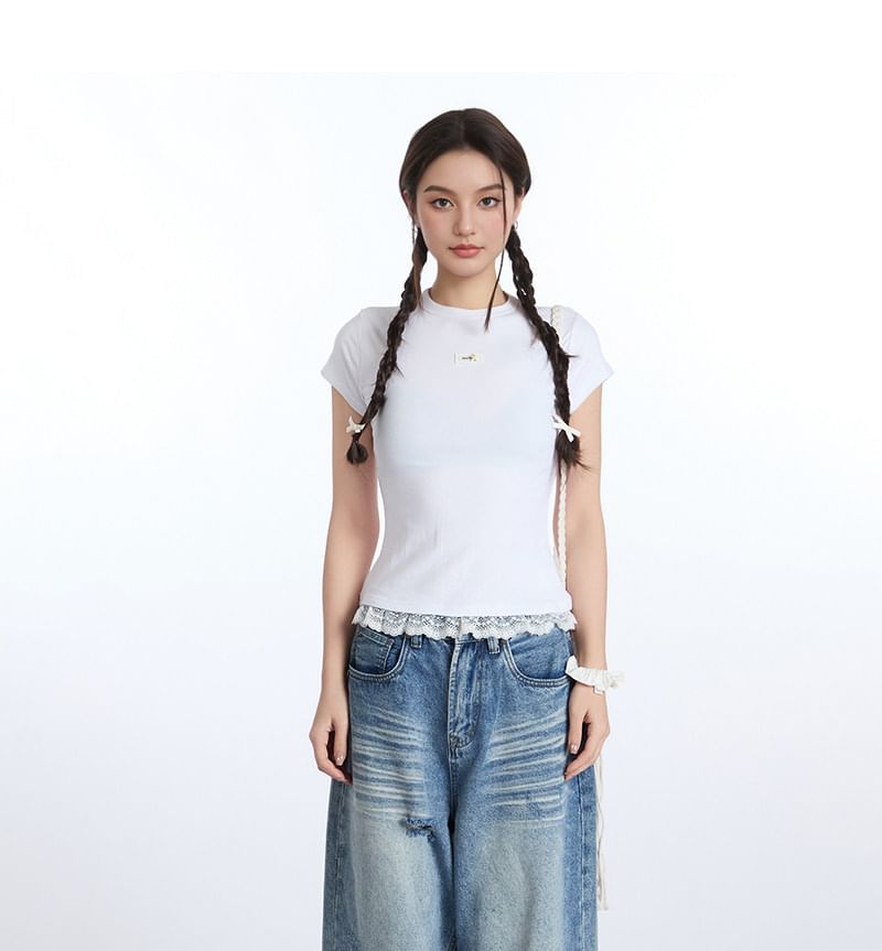 Short-Sleeved Crew Neck Lace Panel Tee