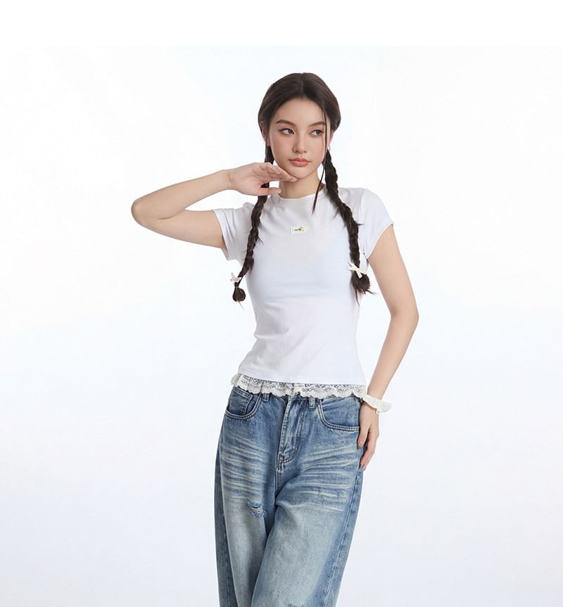 Short-Sleeved Crew Neck Lace Panel Tee