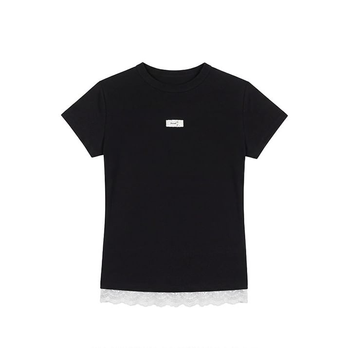 Short-Sleeved Crew Neck Lace Panel Tee