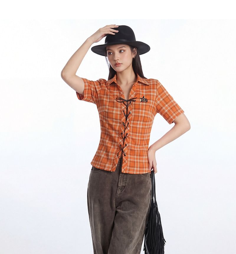 Short-Sleeved Collared Plaid Lace-Up Blouse