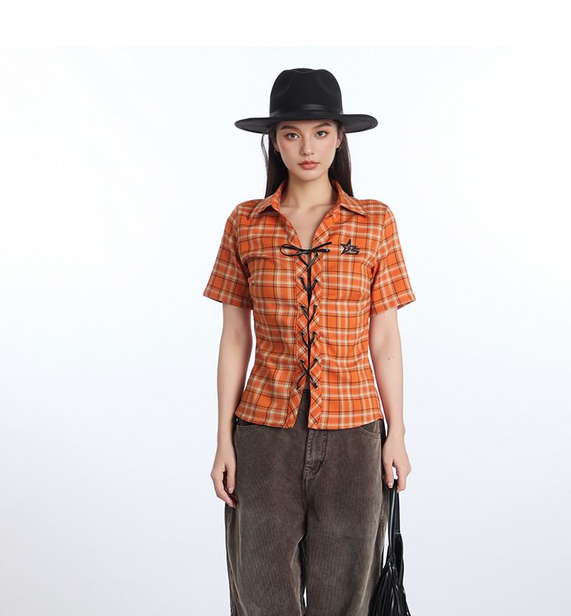 Short-Sleeved Collared Plaid Lace-Up Blouse