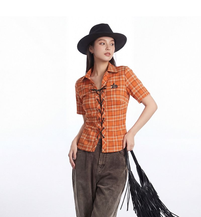 Short-Sleeved Collared Plaid Lace-Up Blouse